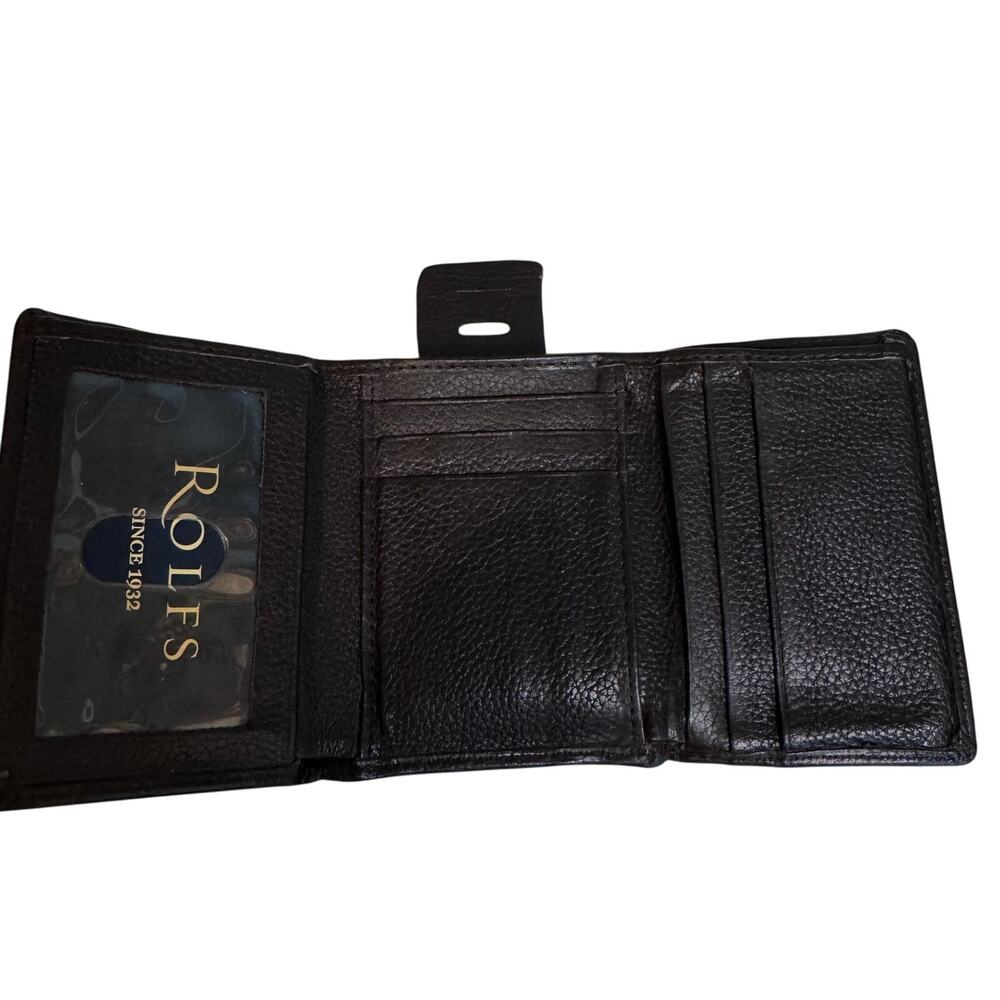 NWOT Rolfs Vintage Mens Black Pebbled Leather Trifold Wallet Compact ID Window